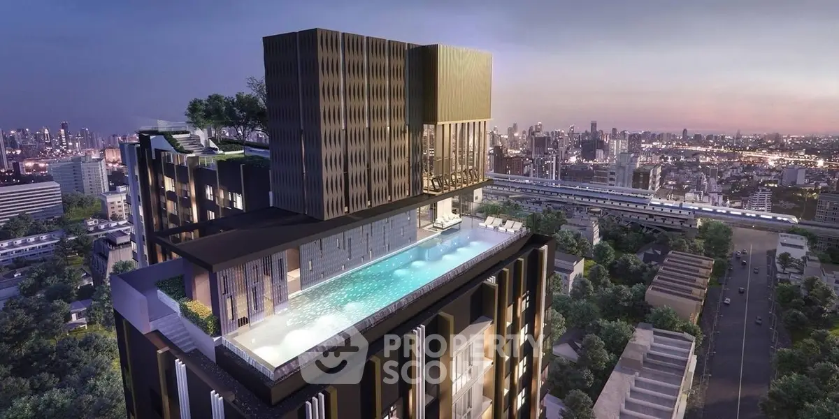 Luxurious rooftop pool with stunning city skyline view at sunset