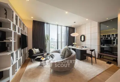 Luxurious modern living room with city view, elegant furniture, and stylish decor in high-rise apartment.