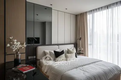 Luxurious modern bedroom with elegant decor and city view through large windows.
