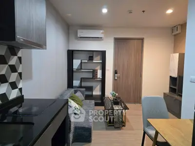 Modern apartment interior with stylish kitchen and cozy living area