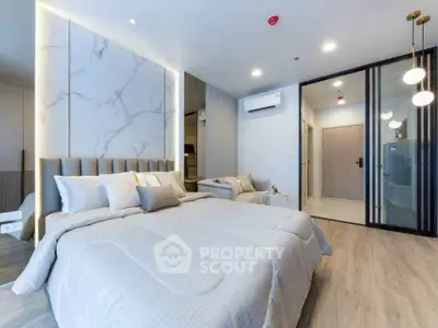 Luxurious modern bedroom with elegant decor and ambient lighting