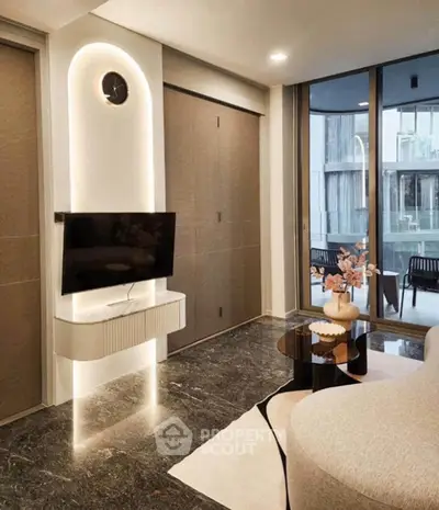 Modern living room with sleek TV setup and stylish decor