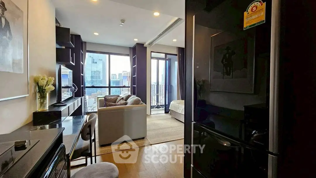 Modern living room with city view and stylish decor in luxury apartment