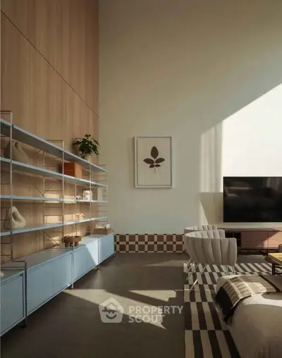 Modern living room with high ceilings, stylish shelving, and elegant decor, perfect for contemporary living.