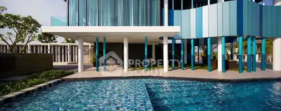 Modern luxury building with stunning pool and unique architectural design.