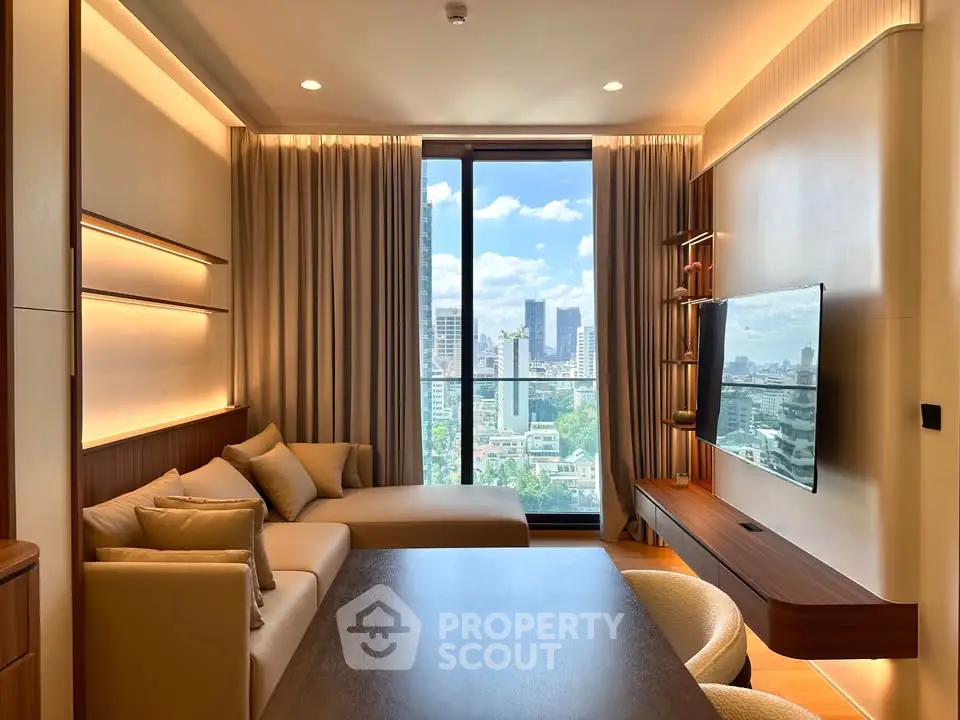 Luxurious living room with stunning city view, modern decor, and cozy seating area in high-rise apartment.