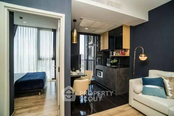 Modern apartment interior with cozy living room and stylish kitchen area