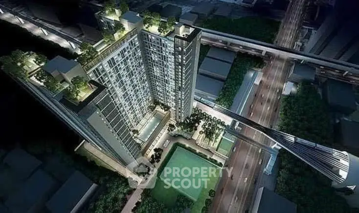 Stunning aerial view of modern high-rise building with lush rooftop gardens and cityscape.