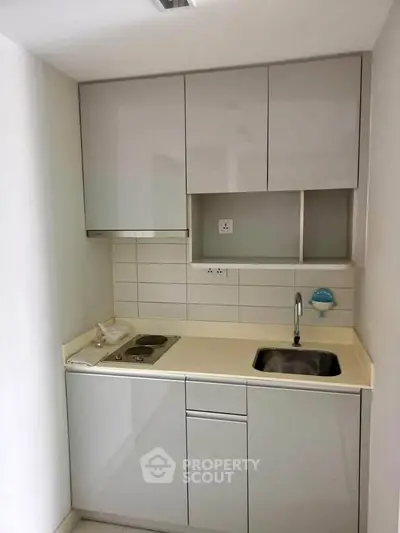 Compact modern kitchen with sleek cabinetry and built-in appliances in a minimalist design.