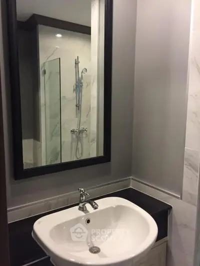 Modern bathroom with sleek sink and glass shower enclosure