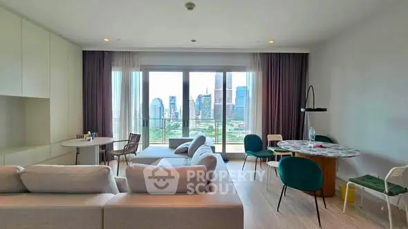 Spacious modern living room with city view and elegant furnishings