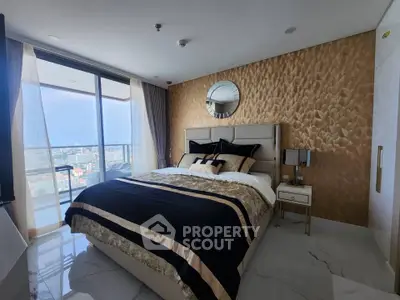 Luxurious bedroom with elegant decor and stunning city view from large windows.