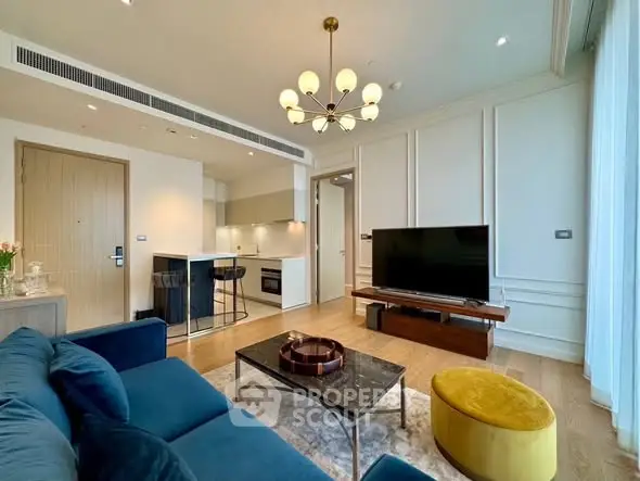 Luxurious modern living room with elegant decor and open kitchen layout