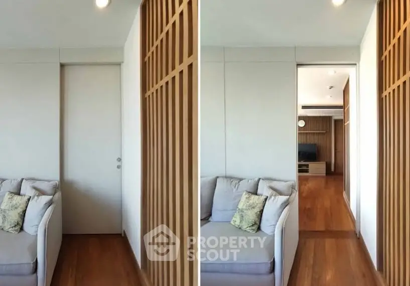 Modern living room with wooden accents and cozy seating area