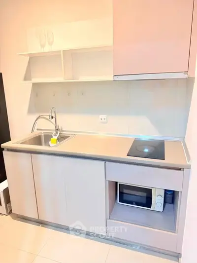 Modern compact kitchen with sleek cabinetry and built-in microwave, featuring an electric cooktop and stainless steel sink.