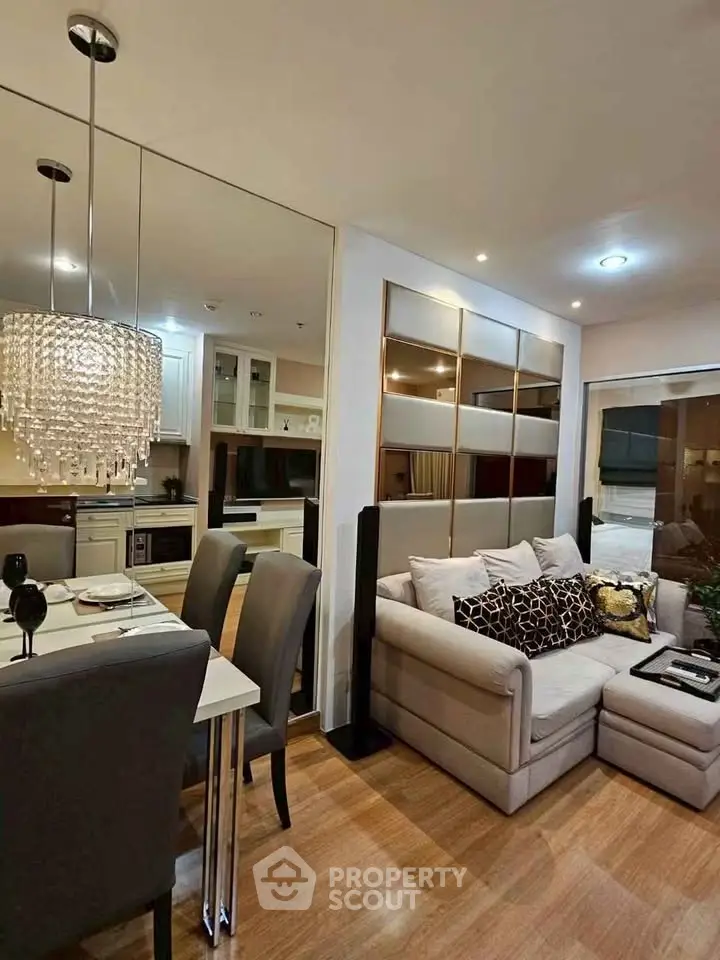 Luxurious modern living room with elegant decor and open kitchen layout