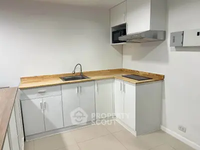 Modern kitchen with sleek white cabinets and wooden countertops, featuring a minimalist design and efficient layout.