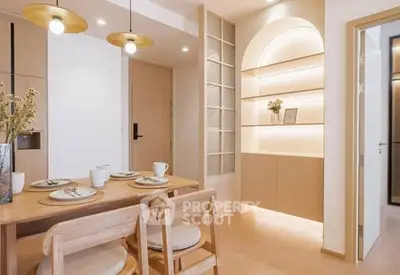 Modern dining area with elegant wooden furniture and ambient lighting