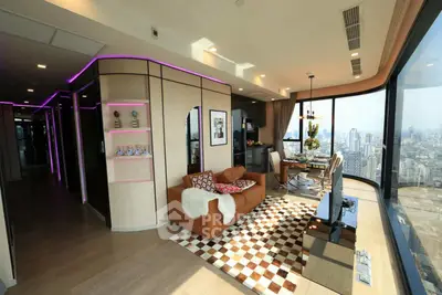 Luxurious modern living room with panoramic city views and stylish decor