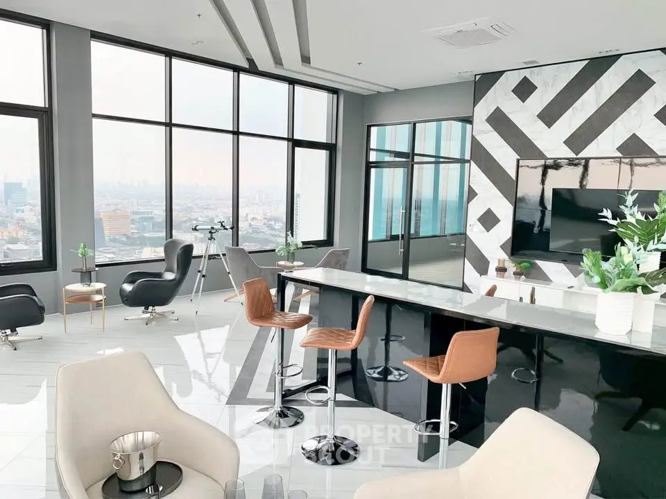 Luxurious modern living room with panoramic city views and stylish decor