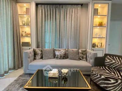 Elegant living room with stylish sofa and decorative shelves