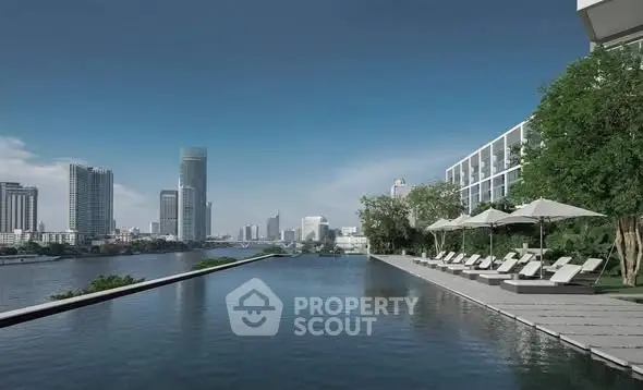 Luxurious rooftop infinity pool with stunning city skyline view and elegant sun loungers.