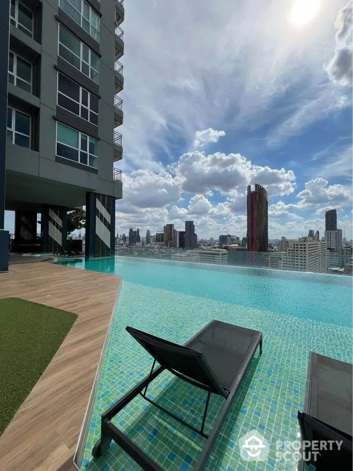 Stunning rooftop infinity pool with city skyline view in modern high-rise building