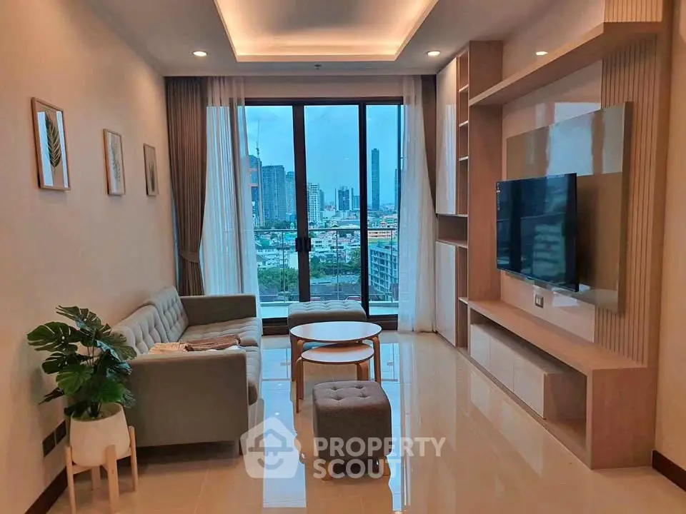 Modern living room with city view, stylish furniture, and large windows.