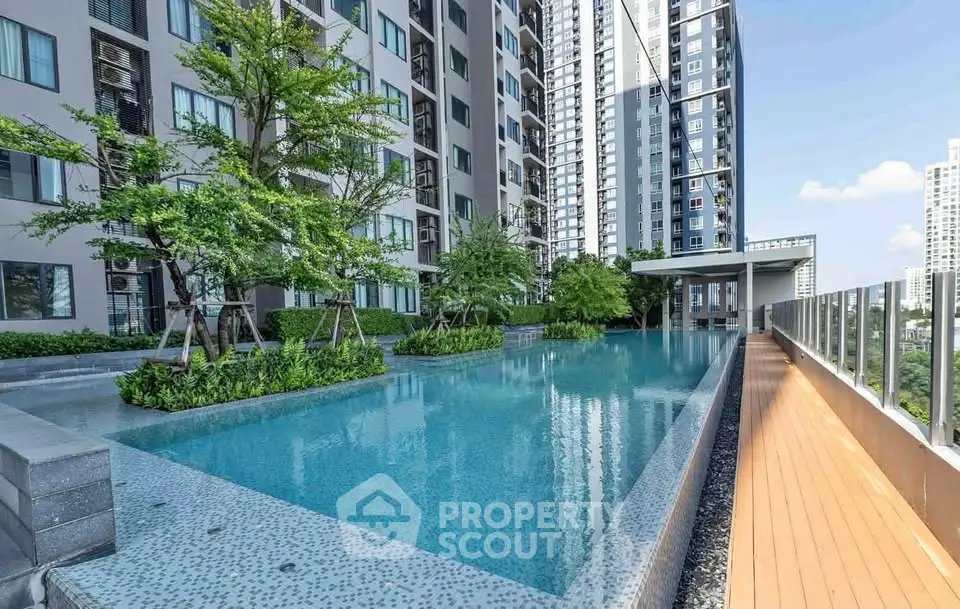 Luxurious high-rise apartment with stunning rooftop pool and city views.