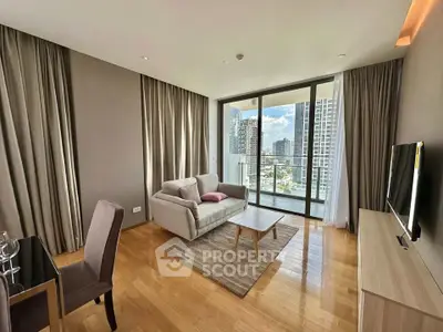 Modern living room with city view, featuring sleek furniture and floor-to-ceiling windows.