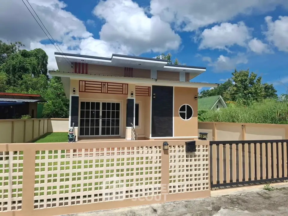 Charming modern house with unique architectural design and spacious front yard in a serene neighborhood.