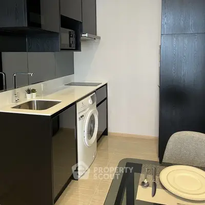 Modern kitchen with sleek black cabinets and built-in washing machine
