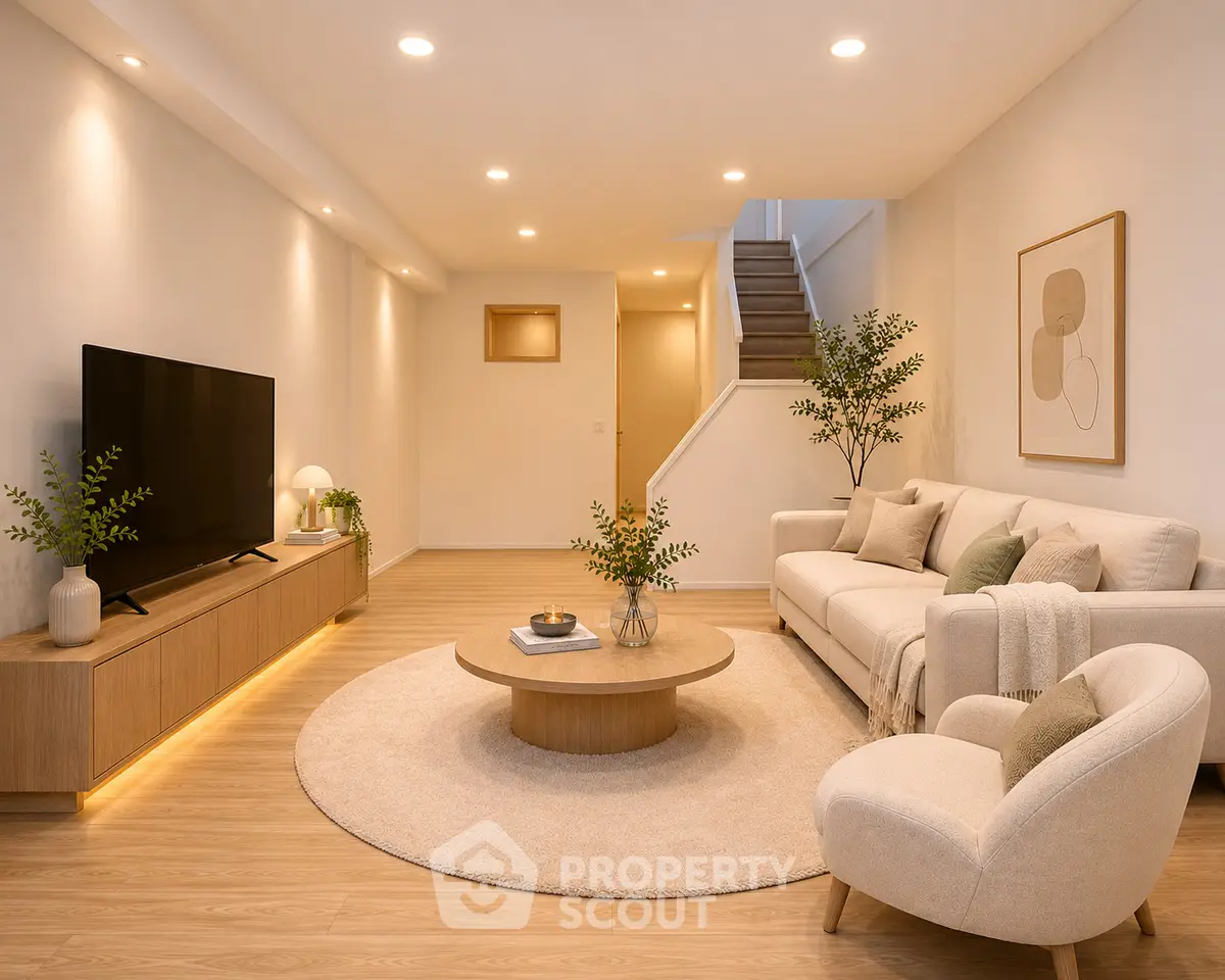 Elegant modern living room with cozy seating and stylish decor, perfect for relaxation and entertainment.