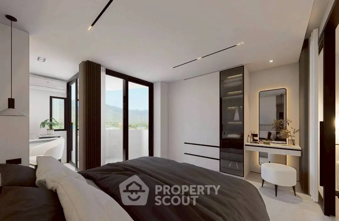 Luxurious modern bedroom with stunning mountain view and elegant decor