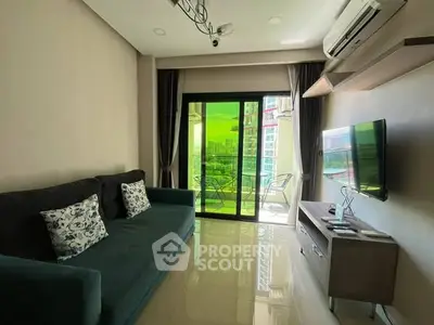 Modern living room with balcony view, featuring sleek furniture and air conditioning.