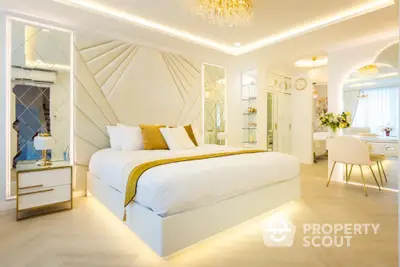 Luxurious modern bedroom with elegant decor and ambient lighting