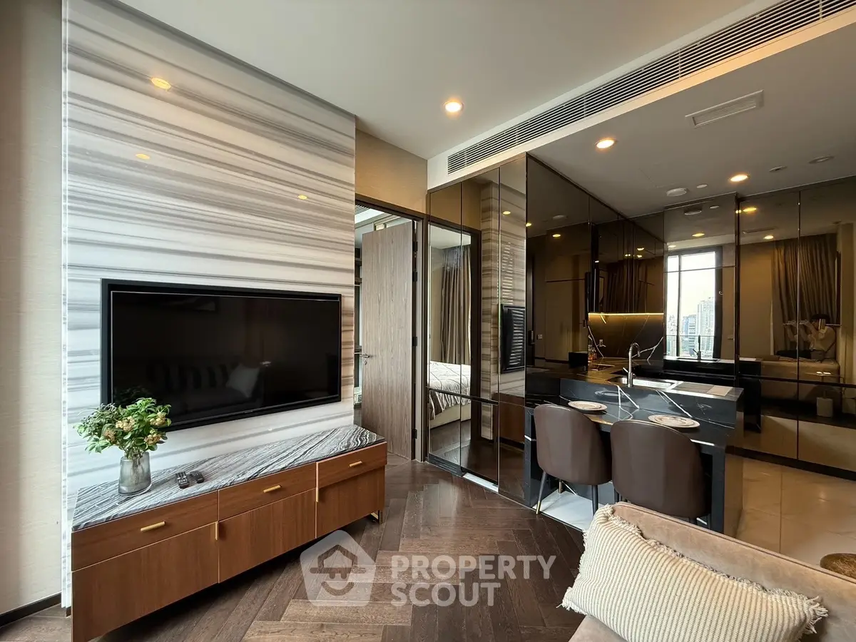 Luxurious modern living room with sleek design and open kitchen layout