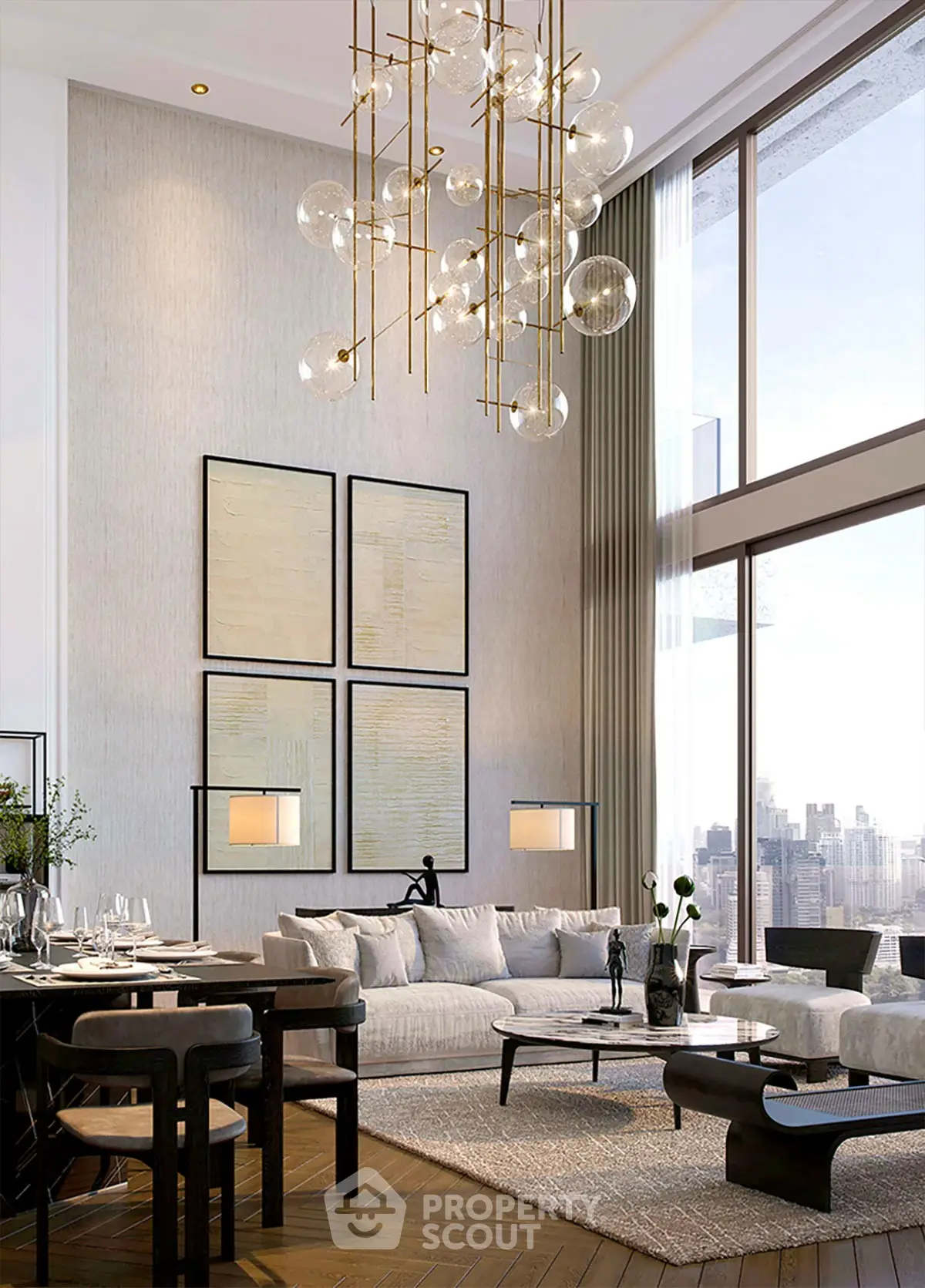 Luxurious living room with high ceilings, modern chandelier, and stunning city view.