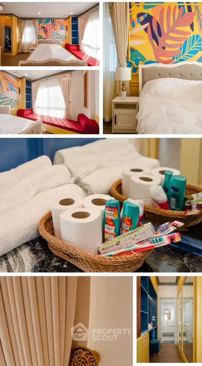 Vibrant bedroom with colorful mural, cozy bed, and modern amenities in a stylish home.