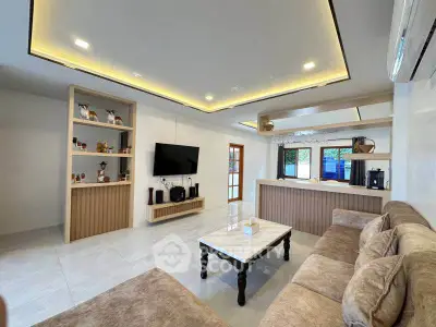 Modern living room with cozy seating and stylish decor