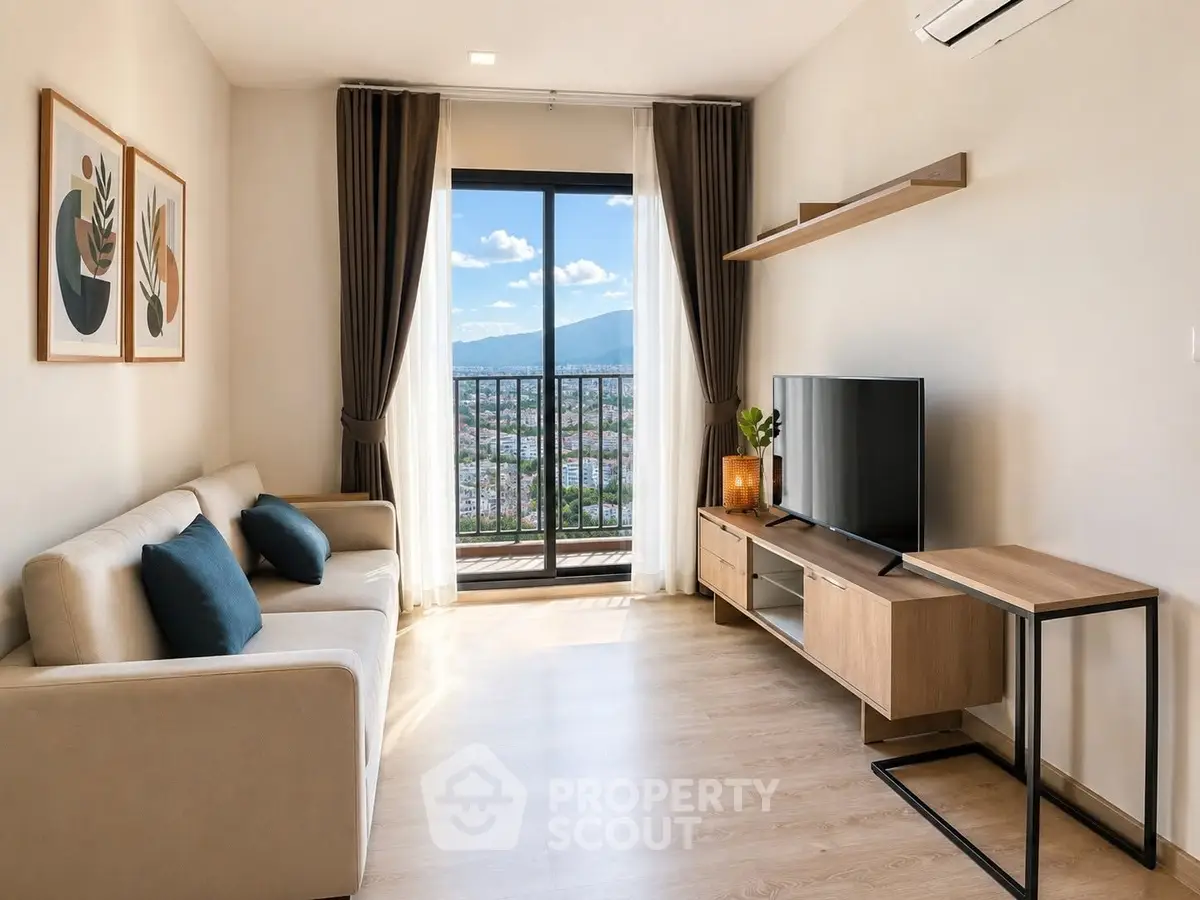 Modern living room with balcony view, stylish decor, and natural light.
