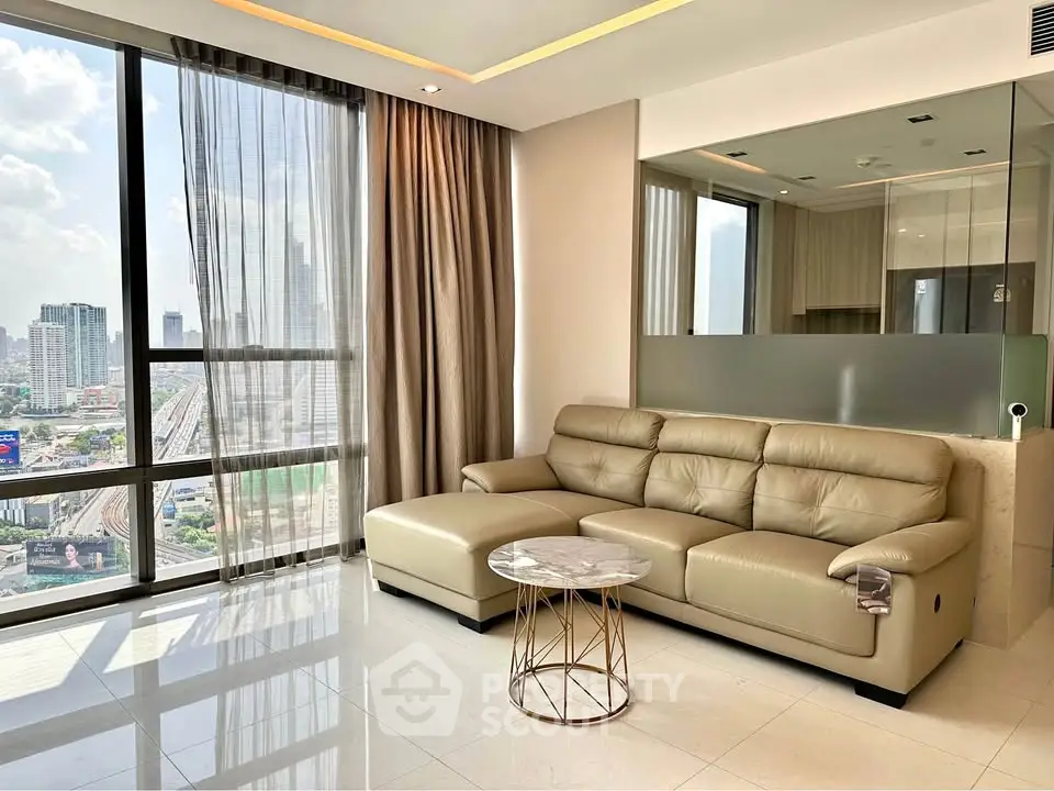 Luxurious living room with stunning city view and elegant leather sofa