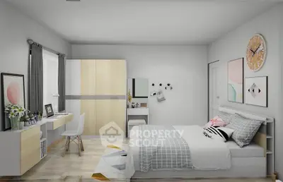 Modern bedroom with stylish decor and workspace