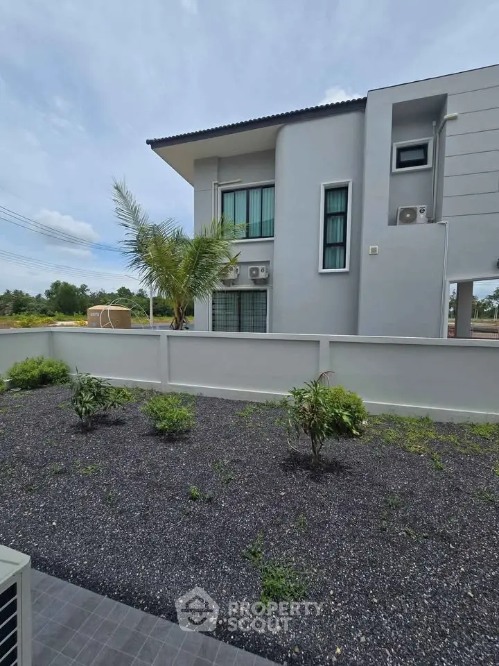 Modern two-story house with minimalist design and landscaped garden