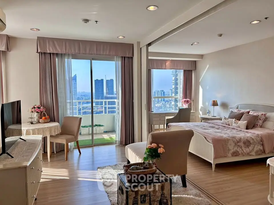 Spacious bedroom with city view and elegant decor in modern apartment