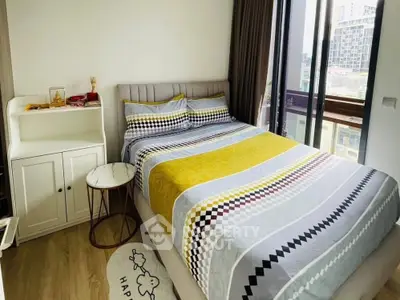 Cozy bedroom with modern decor and city view balcony in urban apartment