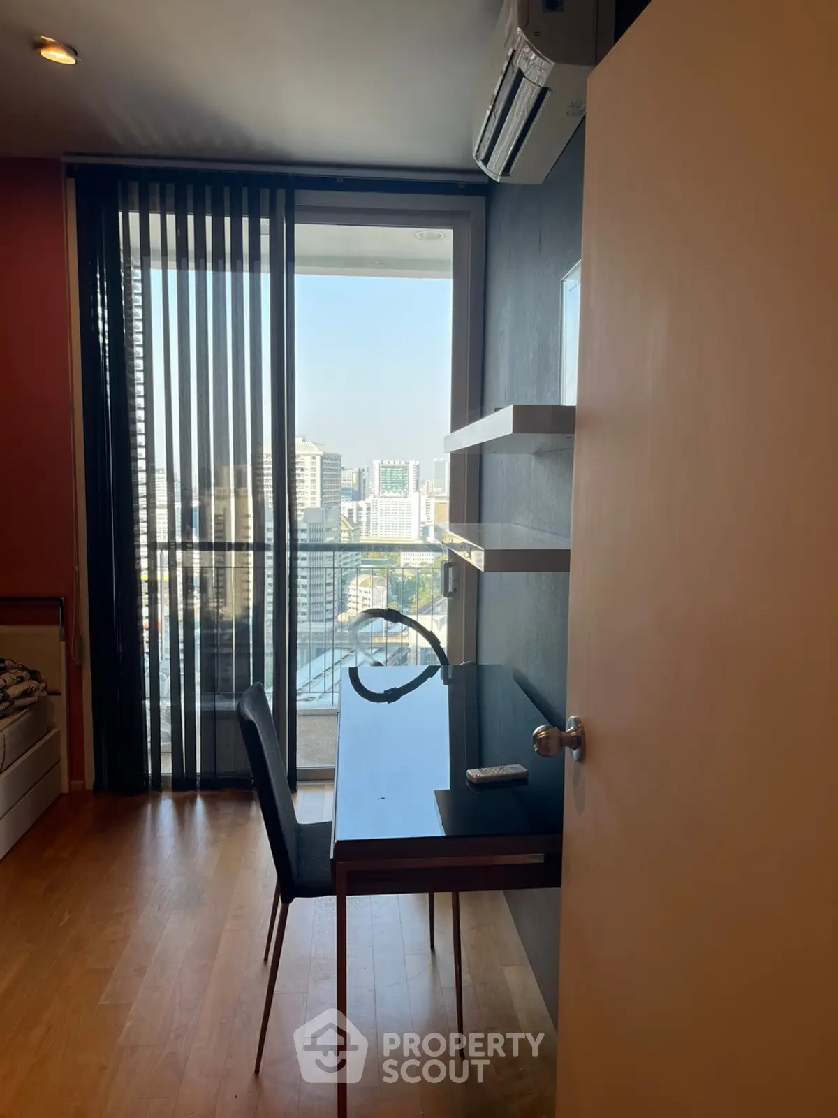 Modern study room with city view and sleek furniture