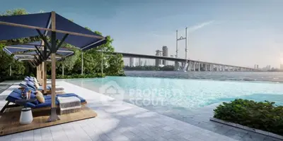 Luxurious waterfront pool with stunning bridge view and elegant sun loungers.