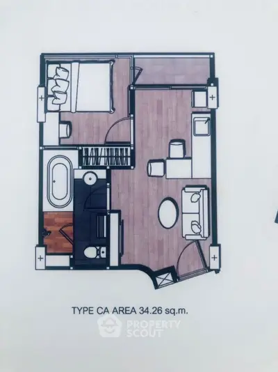 Compact 34.26 sqm apartment floor plan with bedroom, living area, and bathroom.