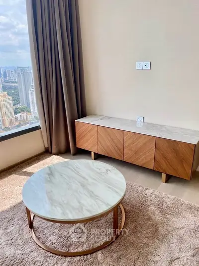 Stylish living room with marble coffee table and city view, perfect for modern urban living.